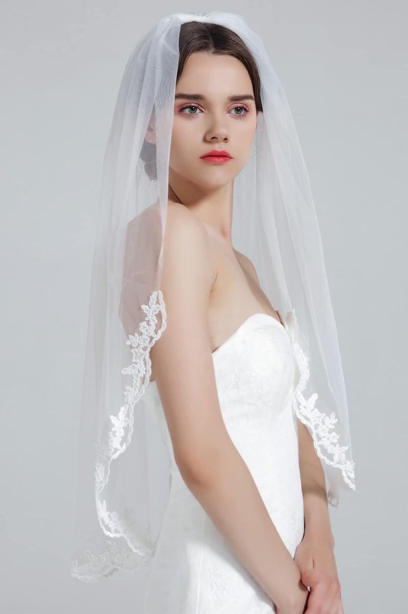 BEAUTELICATE Wedding Bridal Veil with Comb 1 Tier Lace Applique Edge Fingertip Length - Image 2